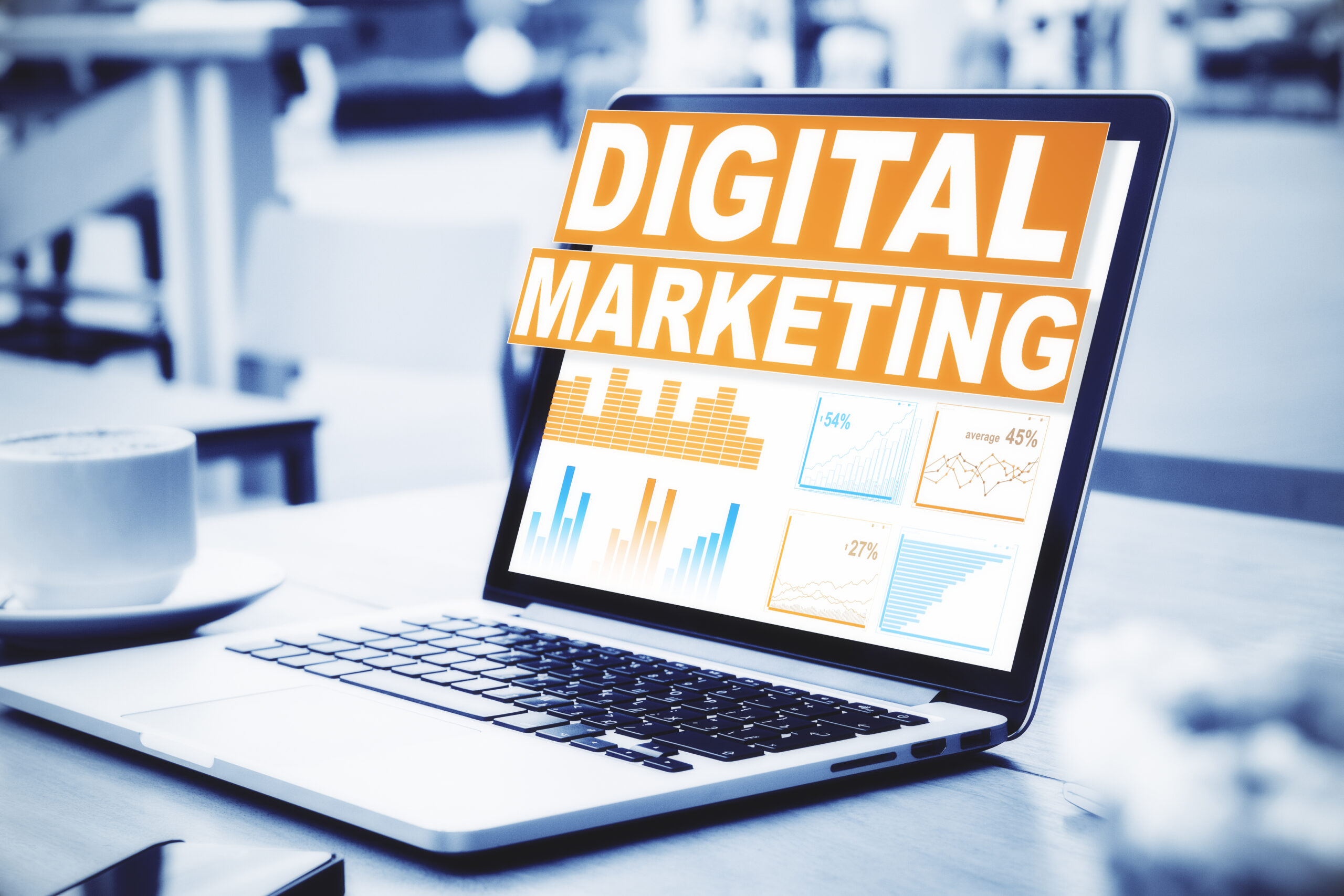 What is Digital Marketing An infographic of laptop on the table showing the digital marketing in text.